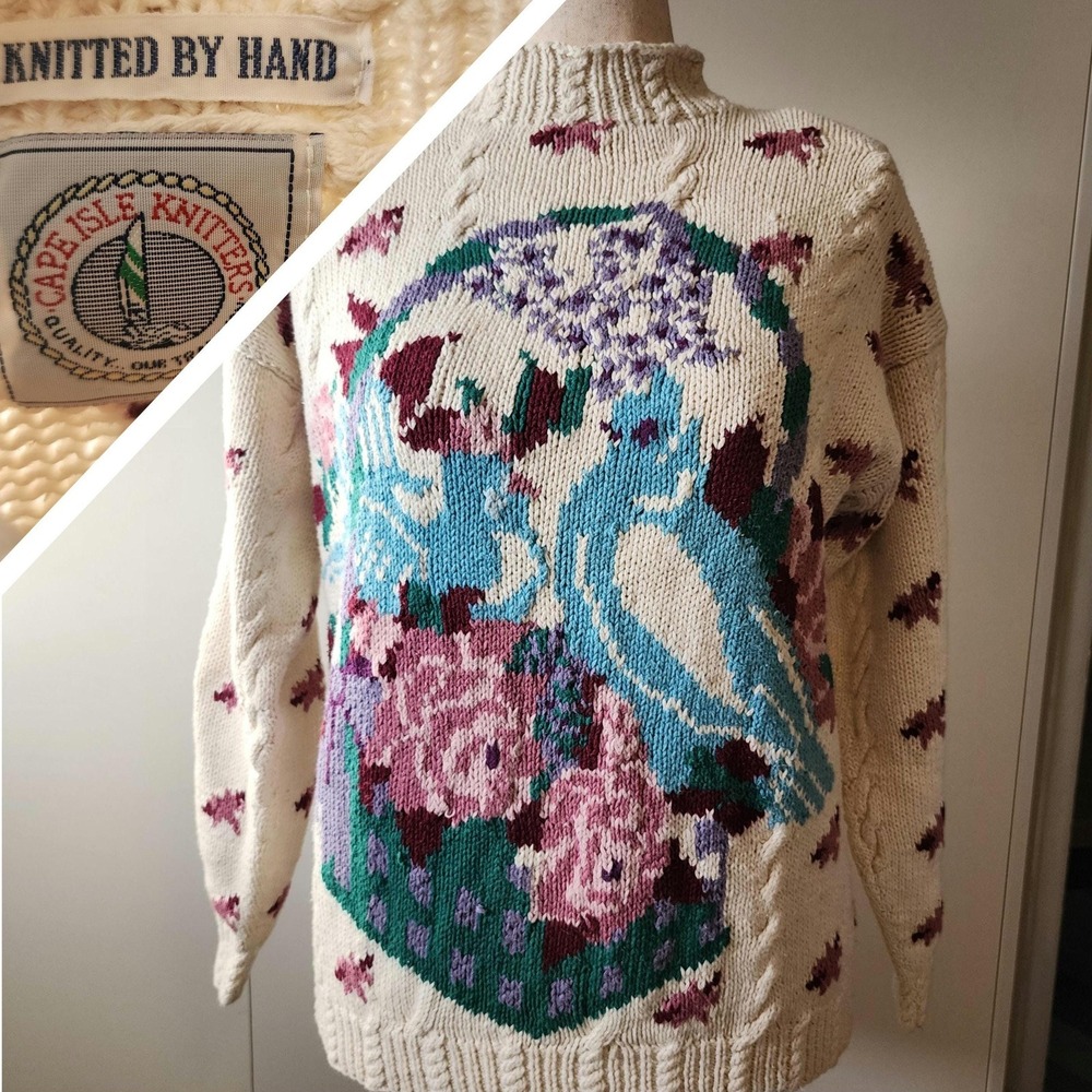 L vintage‎ Cape Isle Knitters cream hand knit sweater with doves